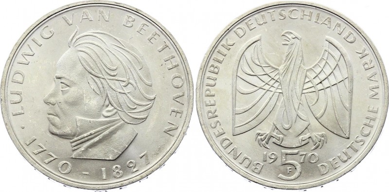 Germany - FRG 5 Mark 1970 F
KM# 127; Silver; 200th Anniversary - Birth of Ludwi...