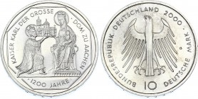 Germany - FRG 10 Mark 2000 G
KM# 200; Silver; 1200th Anniversary - Founding the Cathedral in Aachen by Charlemagne; UNC