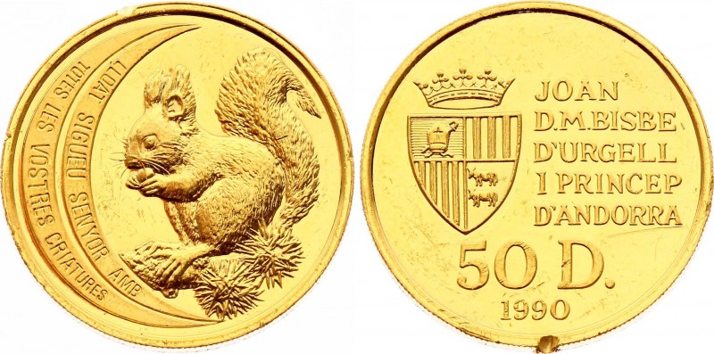 Andorra 50 Diners 1990
KM# 64; Gold (.999) 15.55g; Wildlife: Red Squirrel; Proo...