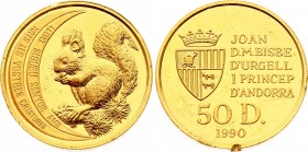 Andorra 50 Diners 1990
KM# 64; Gold (.999) 15.55g; Wildlife: Red Squirrel; Proof