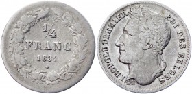 Belgium 1/4 Franc 1834 Signature
KM# 8; Silver 1,21g.; Leopold I; VF+