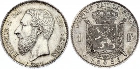 Belgium 1 Franc 1886
KM# 28; Silver; Leopold II; aUNC+/UNC-