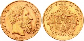 Belgium 20 Francs 1875
KM# 37; Gold (.900) 6.45g; Leopold II; UNC