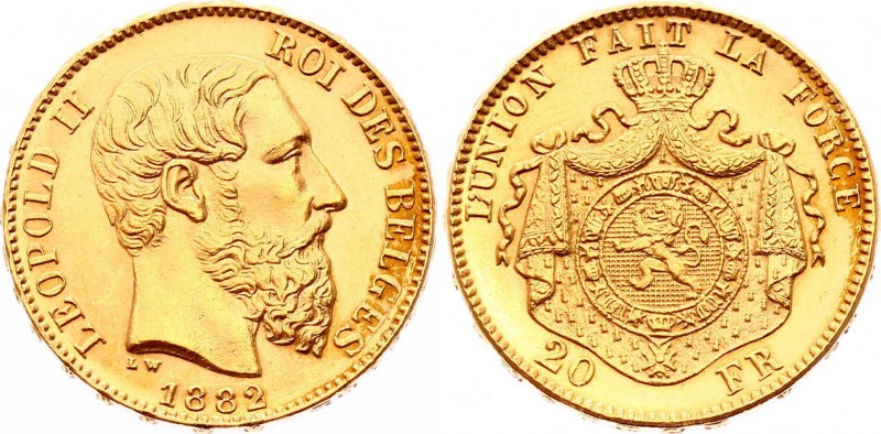 Belgium 20 Francs 1882
KM# 37; Finer Beard; Gold (.900) 6.45g 21mm; Leopold II;...