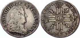 France 1/2 Ecu 1692 D
KM# 273.3; Silver; Louis XIV; Mint: Lyon; VF