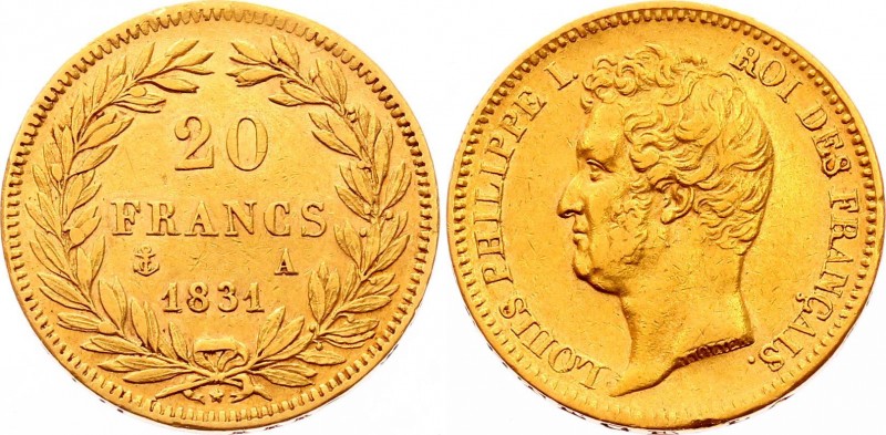 France 20 Francs 1831 A
KM# 746.1; Gold (.900) 6.45g; Louis Philippe I; Mint: P...