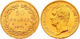 France 20 Francs 1831 A
KM# 746.1; Gold (.900) 6.45g; Louis Philippe I; Mint: Paris; XF-AUNC