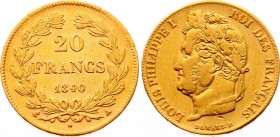 France 20 Francs 1840 A
KM# 750.1; Gold (.900) 6.45g; Louis Philippe I; Mint: Paris; VF-XF