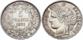 France 5 Francs 1851 A
KM# 761.1; Silver; Second Republic; Mint: Paris; XF