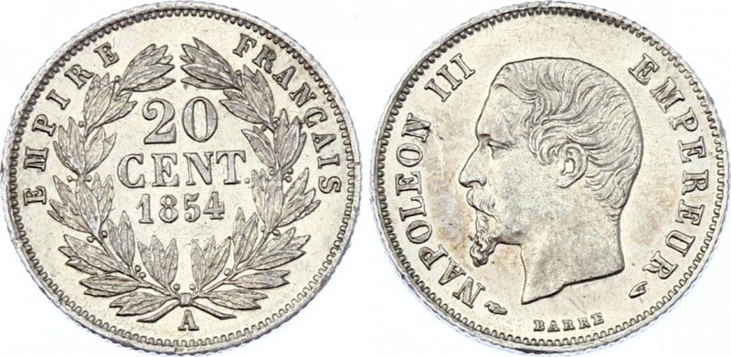 France 20 Centimes 1854 A
KM# 778; Silver; Napoleon III; XF+