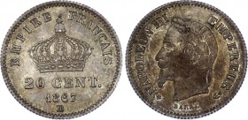 France 20 Centimes 1867 BB
KM# 808; Silver; Napoleon III; UNC