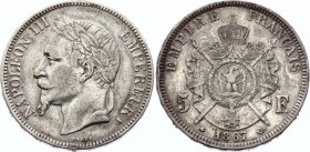 France 5 Francs 1867 A
KM# 799.1; Silver; Napoleon III; Mint: Paris; VF