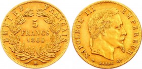 France 5 Francs 1864 BB
KM# 803.2; Gold (.900) 1.61g; Napoleon III; Mint: Strasbourg; UNC