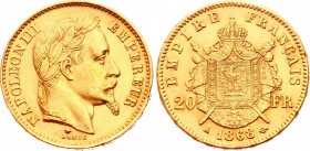 France 20 Francs 1868 A
KM# 801; Gold (.900) 6.45g 21mm; Napoleon III