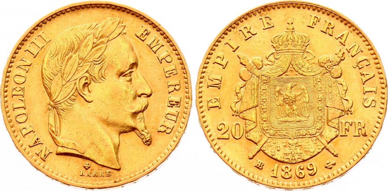 France 20 Francs 1869 BB
KM# 801.2; Gold (.900) 6.45g; Napoleon III; Mint: Stra...