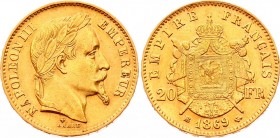 France 20 Francs 1869 BB
KM# 801.2; Gold (.900) 6.45g; Napoleon III; Mint: Strasbourg; AUNC