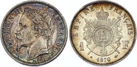 France 1 Franc 1870
KM# 806; Silver; Napoleon III; XF+ with Beautiful Toning!