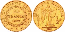 France 20 Francs 1887 A
KM# 825; Gold (.900) 6.45g; Mint: Paris; AUNC