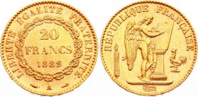 France 20 Francs 1889 A
KM# 825; Gold (.900) 6.45g 21mm