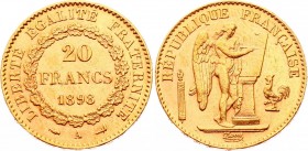 France 20 Francs 1898 A
KM# 825; Gold (.900) 6.45g 21mm