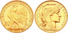 France 20 Francs 1906
KM# 847; Gold (.900) 6.45g 21mm; Marianne Rooster; UNC