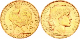 France 20 Francs 1907
KM# 857; Gold (.900) 6.45g 21mm; Marianne Rooster; UNC