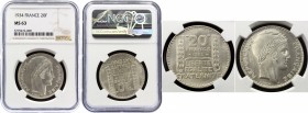 France 20 Francs 1934 NGC MS 63
KM# 879; Silver (.6800) – 20 g – ø 35 mm; BUNC