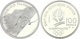 France 100 Francs 1989
KM# 971; Silver Proof; 1992 Olympics, Albertville - Alpine Skiing