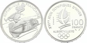 France 100 Francs 1990
KM# 981; Silver Proof; 1992 Olympics, Albertville - Bobsledding