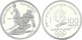 France 100 Francs 1990
KM# 984; Silver Proof; 1992 Olympics, Albertville - Slalom Skiing