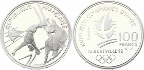 France 100 Francs 1990
KM# 983; Silver Proof; Free - Style Skier & Animal