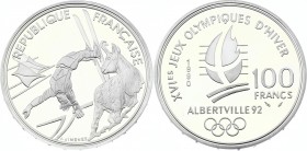 France 100 Francs 1990
KM# 983; Silver Proof; 1992 Olympics, Albertville - Free - Style Skier
