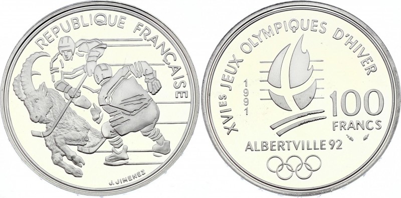 France 100 Francs 1991
KM# 993; Silver Proof; 1992 Olympics, Albertville - Hock...