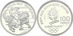 France 100 Francs 1991
KM# 993; Silver Proof; 1992 Olympics, Albertville - Hockey