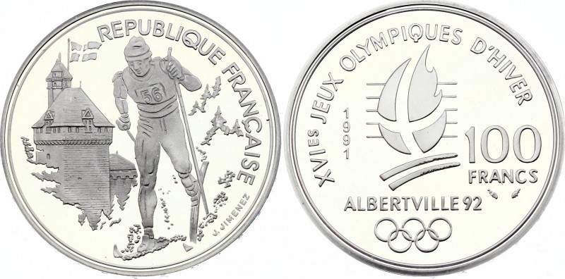 France 100 Francs 1991
KM# 994; Silver Proof; 1992 Olympics, Albertville - Cros...