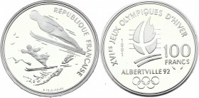 France 100 Francs 1991
KM# 995; Silver Proof; 1992 Olympics, Albertville - Ski Jumping