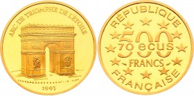 France 500 Francs -70 Ecus 1993
KM# 1034; Gold (.920) 17.00g; Arc de Triumph; Proof