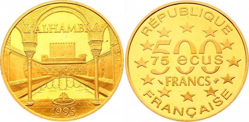 France 500 Francs -75 Ecus 1995
KM# 1113; Gold (.920) 17.00g; The Alhambra, Gra...