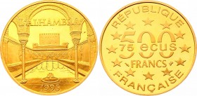 France 500 Francs -75 Ecus 1995
KM# 1113; Gold (.920) 17.00g; The Alhambra, Granada; Proof
