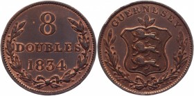 Guernsey 8 Doubles 1834
KM# 3; Copper 20,8g.; XF