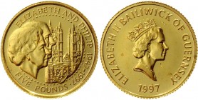 Guernsey 5 Pounds 1997
KM# 98; Gold (917) 1,20g.; Elizabeth II; Queen’s 50th Wedding Anniversary; Proof