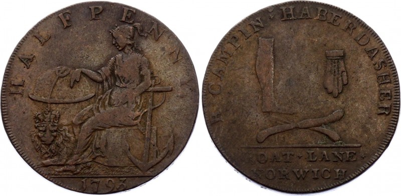 Great Britain Norfolk Norwich Robert Campin Token Half Penny 1793
D&H# 21; Copp...