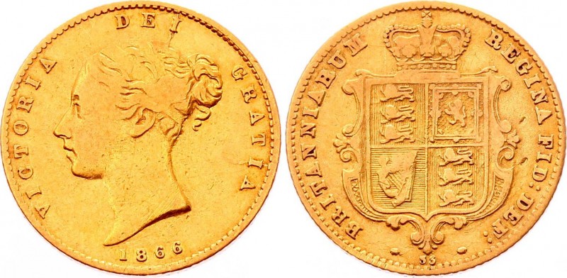 Great Britain 1/2 Sovereign 1866
KM# 735.2; Gold (.917) 3.99g; Victoria; VF