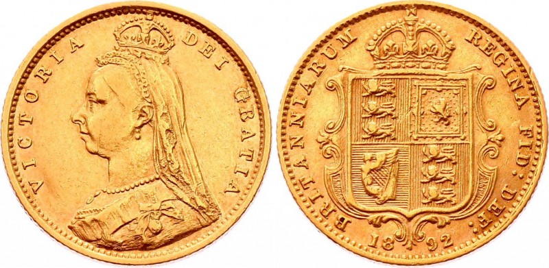 Great Britain 1/2 Sovereign 1892
KM# 766; Gold (.917) 3.99g; Victoria; XF-AUNC