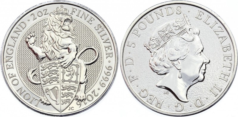 Great Britain 5 Pounds 2016
Silver (.999) 62.42g 38.61mm; The Queen's Beasts - ...