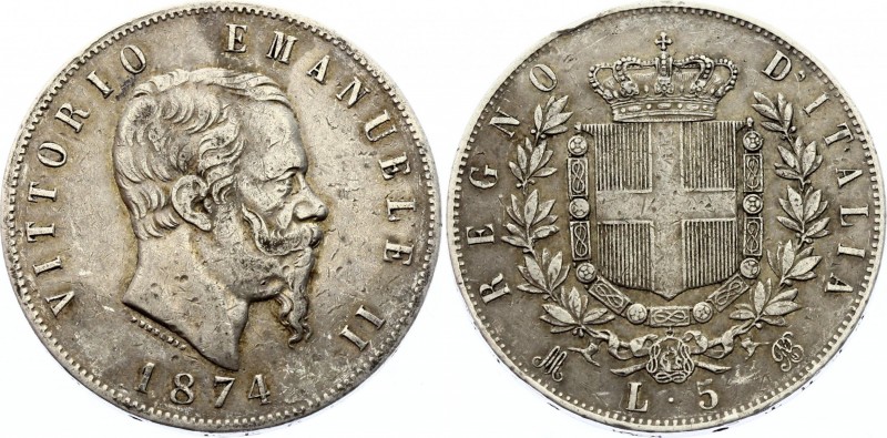 Italy 5 Lire 1874 M BN
KM# 8.3; Silver; Vittorio Emanuele; VF