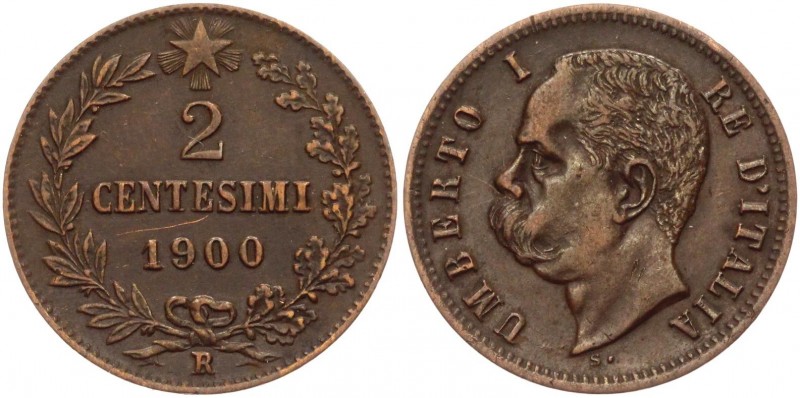 Italy 2 Centesimi 1900 R
KM# 30; Copper 1,99g.; Umberto I; XF