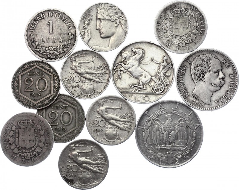 Italy Lot of 12 Coins 1863 - 1940
With Silver; Various Dates & Denominations