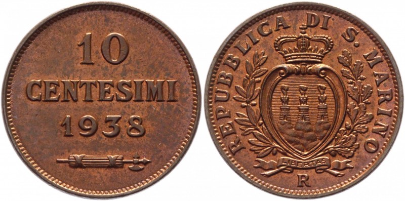 San Marino 10 Centesimi 1938 R
KM# 13; Bronze 5,42g.; Beautiful violet patina; ...