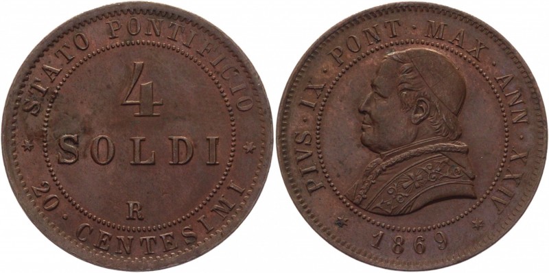 Vatican 4 Soldi 1869
KM# 1374; Copper 20,0g.; AUNC